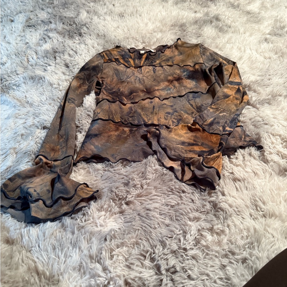 Moa Moa Brown and Black Ruffled Asymmetrical Long Sleeve Blouse